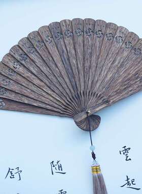 越南芽庄香装饰扇GRU折扇挂画黑油料沉香木工艺摆件中国风老装沉