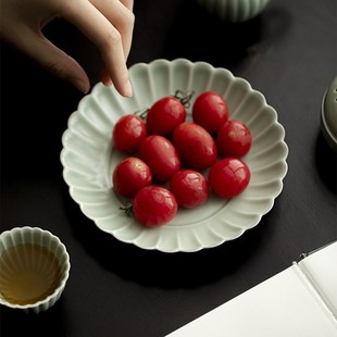 纹豆青汝釉筋菊瓣壶承茶道配件mjtc盘陶瓷边花干泡盘多用茶点子