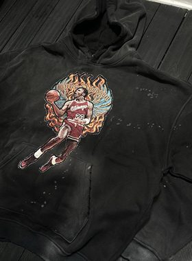 FAX NO. remake 火焰翅膀mj 连帽做旧破坏泼墨卫衣