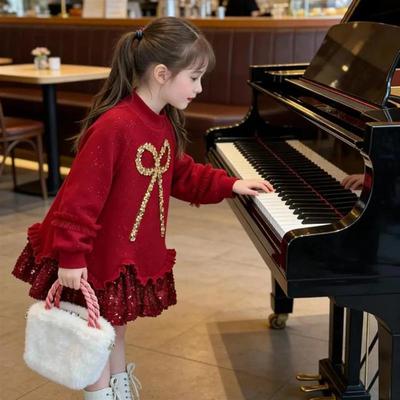 春瑞阁女童冬装加绒连衣裙冬季新儿童洋气红色新年公主亮片连衣裙