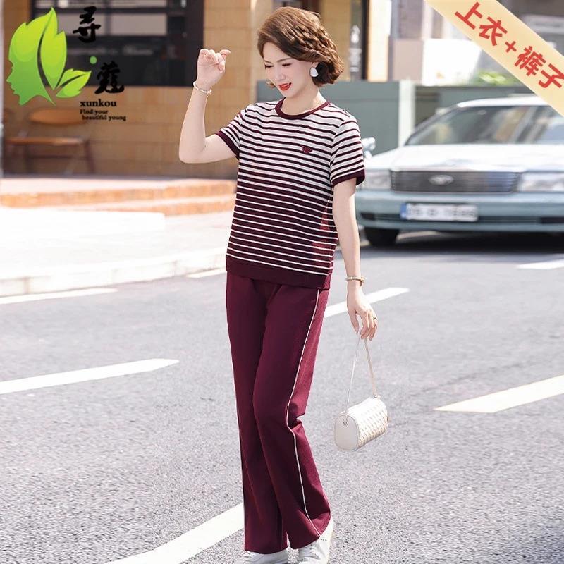 金瑞祥JINRUI440-60短袖妈妈装条纹款休闲套装中老年人洋气运动服