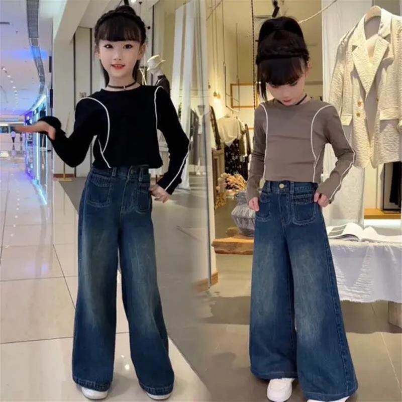 柒凯优品女童新款2025秋季中大童织带T恤衫牛仔喇叭阔腿裤套装