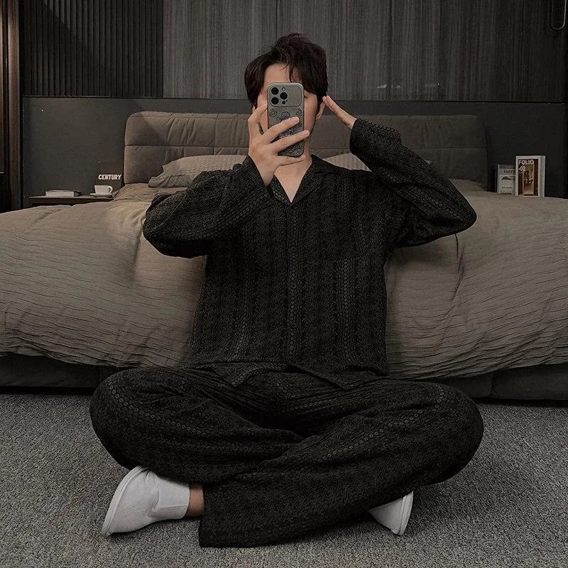3诺柏轻奢双层棉纱男士睡衣春秋款长袖高级纯棉秋冬季家居服套装