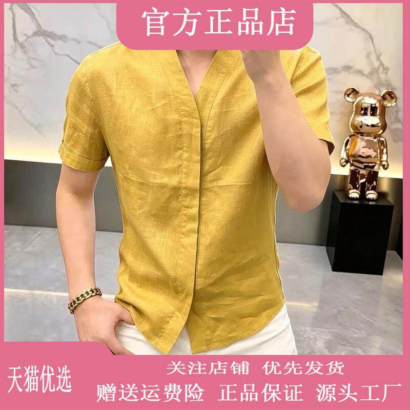 时简 SHIJIAN高奢高档夏季男士无领暗扣短袖衬衫休闲痞帅半袖衬衣