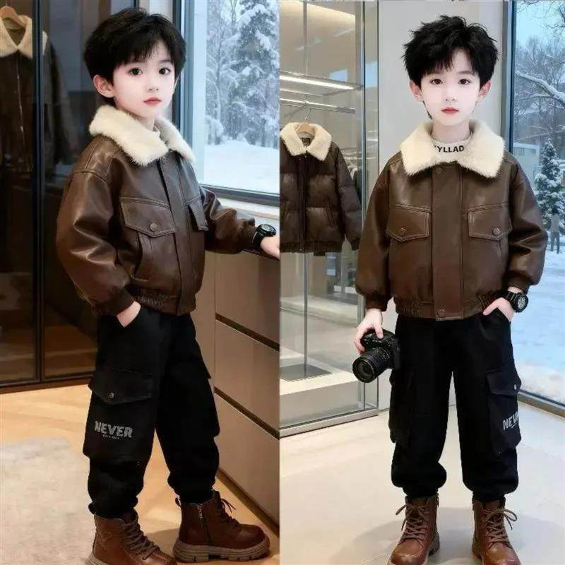 春瑞阁男童冬装加绒加厚皮衣外套冬季儿i童洋气皮衣机车夹克外套