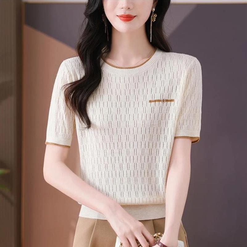 2026夏季新款冰丝短袖t恤女妈妈装镂空半袖显瘦针织衫上衣