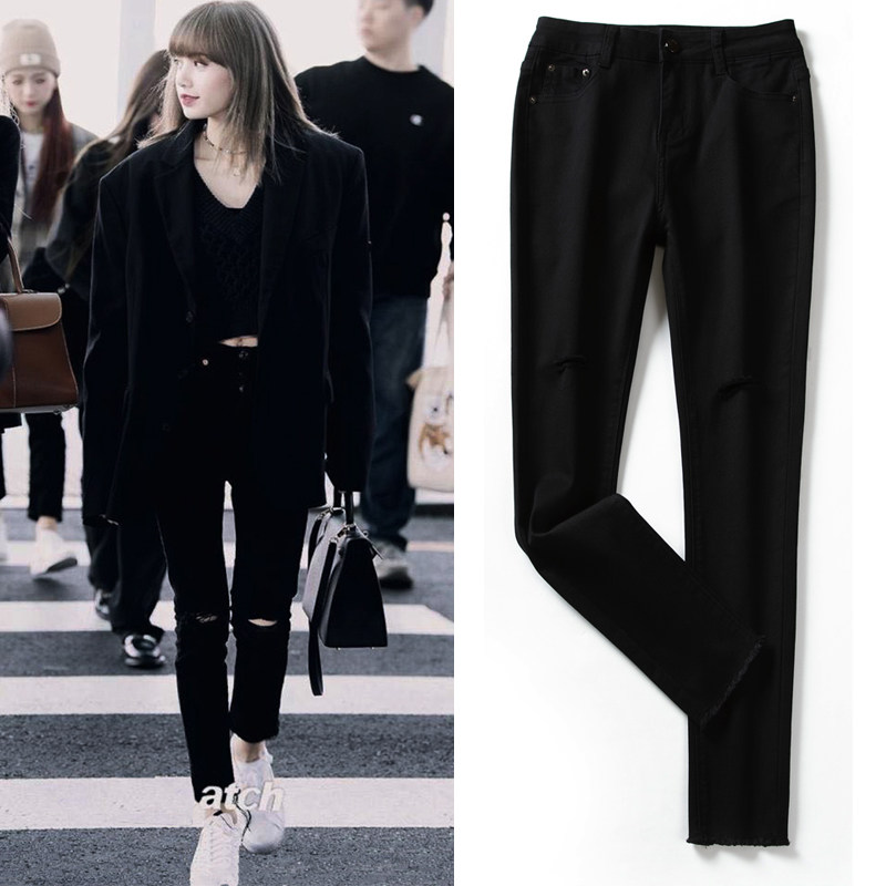 lisa明星同款潮牌黑色破洞牛仔裤女秋季高腰显瘦紧身小脚九分裤子