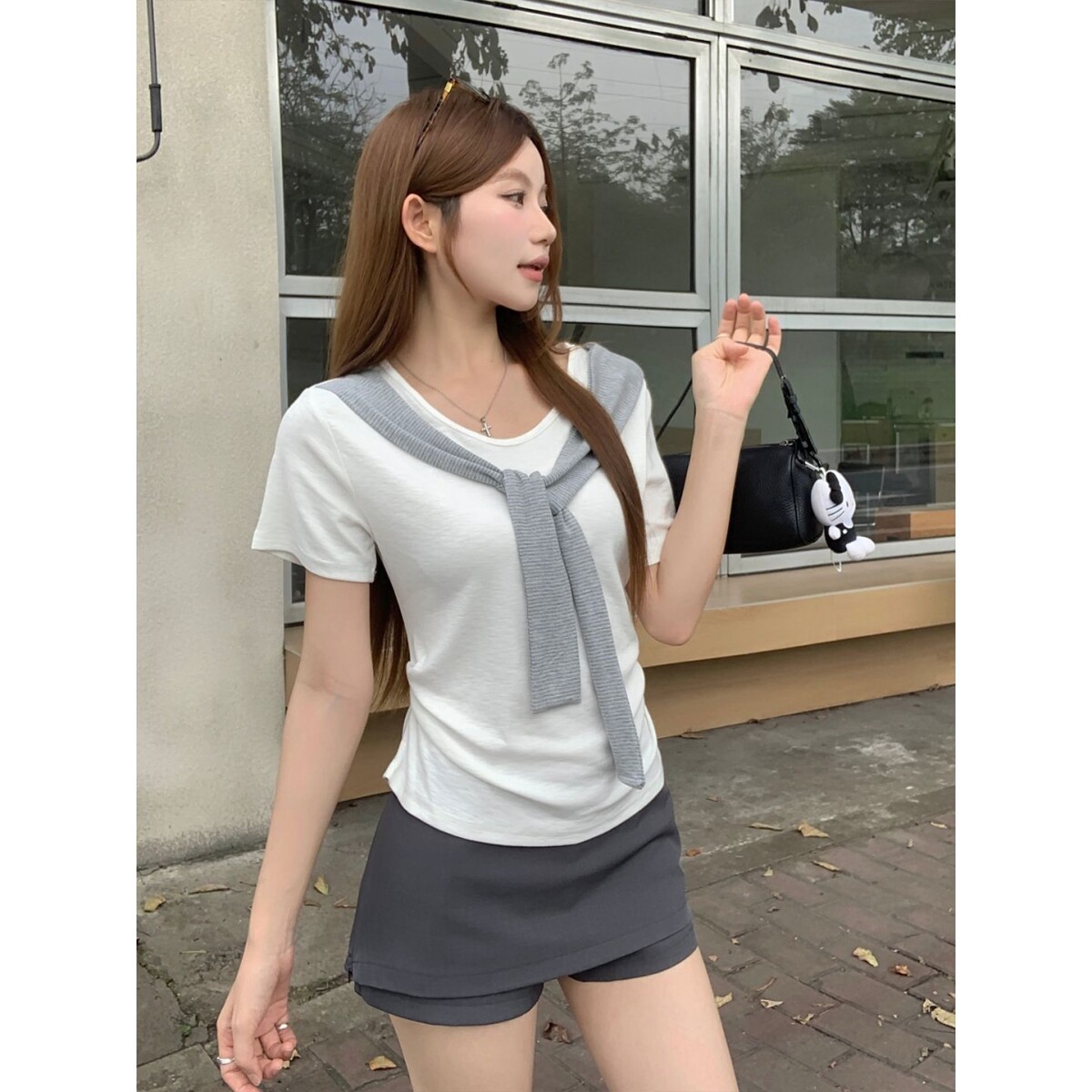 韩系假两件披肩领短袖t恤女夏季新款撞色收腰显瘦减龄百搭衫上衣
