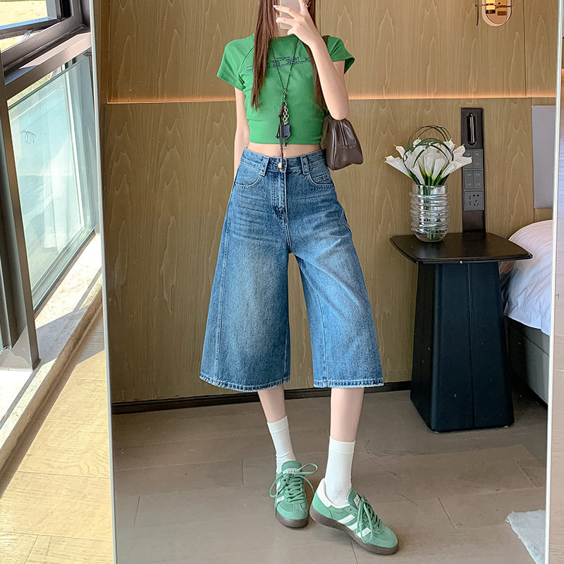 美式复古六分牛仔裤女2026年夏季新款直筒高腰宽松显瘦阔腿中裤子