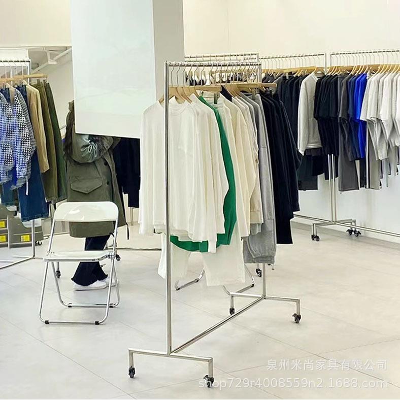 不锈钢8K镜面中岛陈列架带轮落地架龙门架女装买手店服装店展示架