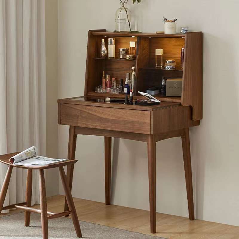 北欧全实木梳妆桌黑胡桃木化妆台现代简约卧室轻奢式复古化妆桌椅