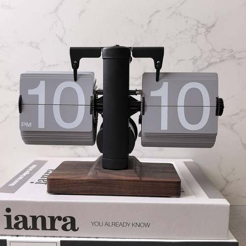 家用复古机械翻页时钟桌面个性自动实木翻页钟简约轻奢木艺摆件