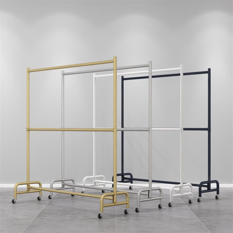 双层服装店展示架落地式挂衣架可移动带轮子可升降调节阳台晾衣架