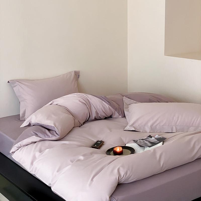 轻奢风全棉磨毛四件套纯棉双拼撞色被套床单床笠纯色床上用品秋冬