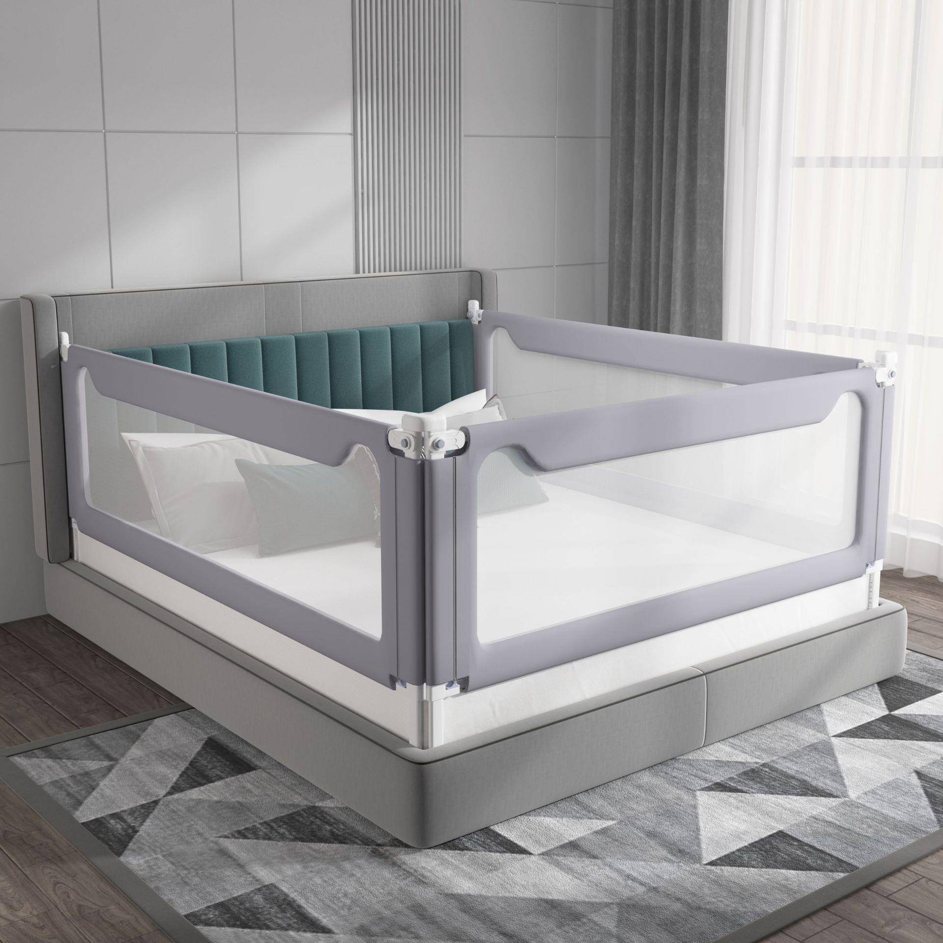 供应单边升降儿童防掉床上大床通用挡板灰色猫耳布套护栏