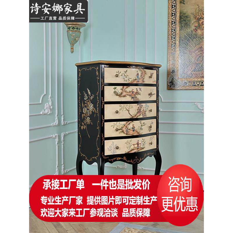 法式奢华宫廷实木彩绘风景高脚五斗柜卧室美式复古储物柜