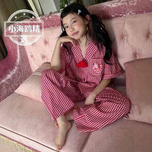 洋气格子女中大童装夏装短袖长裤