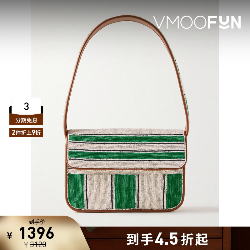 【折扣】STAUD女士珠饰条纹人造皮革边饰缎布单肩包