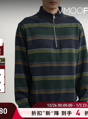 【折扣】Oliver Spencer 秋冬男正反两穿条纹混纺半拉链卫衣
