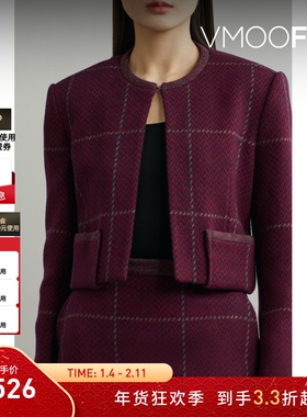 【折扣】RECTO 女安可拉红格纹绵羊毛混纺气质修身夹克外套