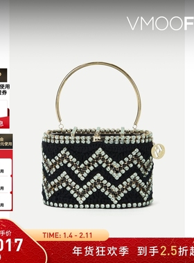 【折扣】Rosantica 女带缀饰钩编羊毛金色金属手提包
