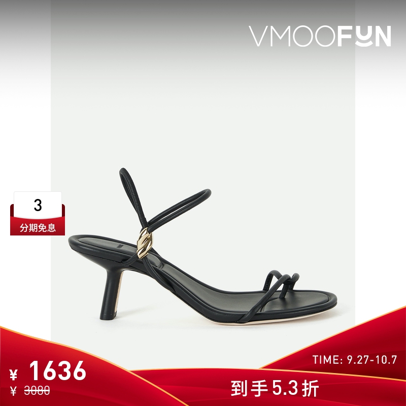 【折扣】VINCE 夏季女低奢7厘米皮革小猫跟凉鞋