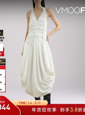 【折扣】Rokh 春女挂脖露背褶饰连衣裙小白裙