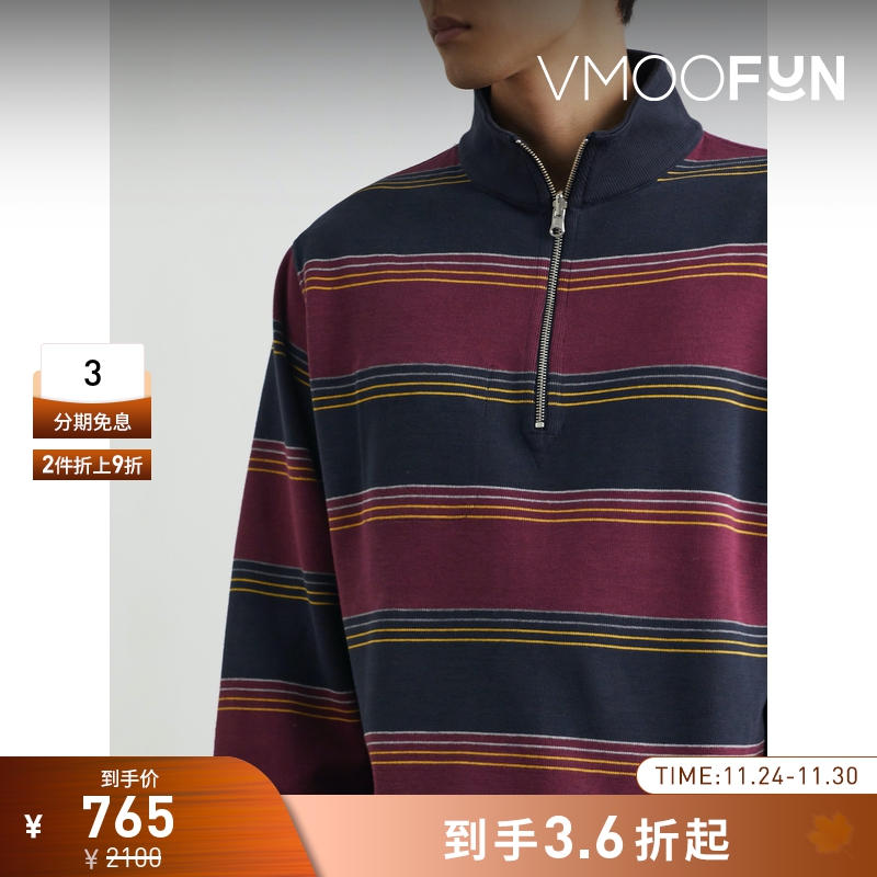 【折扣】Oliver Spencer 男正反两穿条纹混纺半拉链卫衣