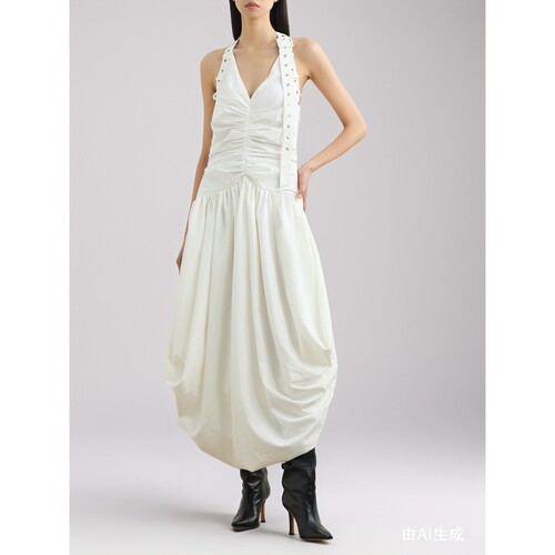 【夏季特惠】Rokh 春女挂脖露背褶饰连衣裙小白裙