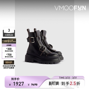 PLAN 末折扣 女秋冬皮革厚底黑色马丁靴 季