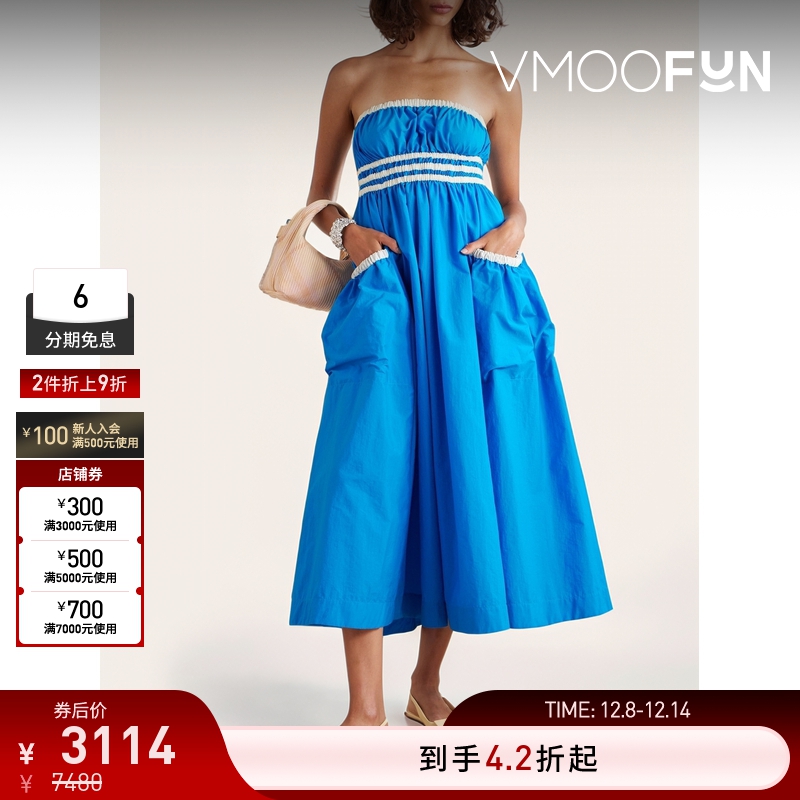 【折扣】Molly Goddard 秋冬女蓝色抹胸罗缎边饰中长连衣裙