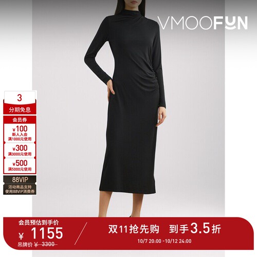 【D11抢先购】VINCE 春夏女黑色褶饰弹力平纹布中长长袖连衣裙