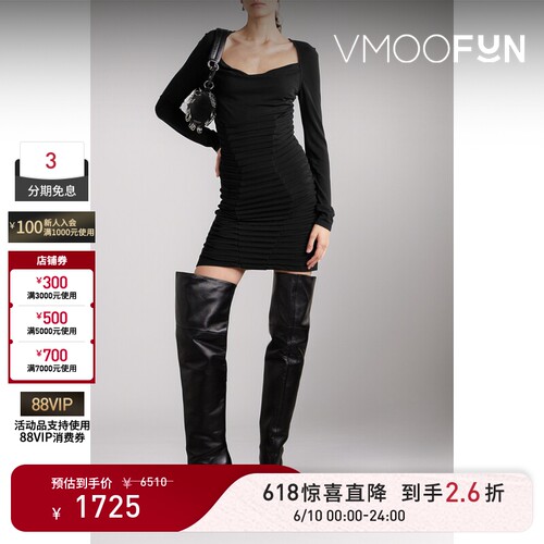【惊喜直降】Dion Lee 春夏女车缝褶弹力迷你小黑裙长袖连衣裙