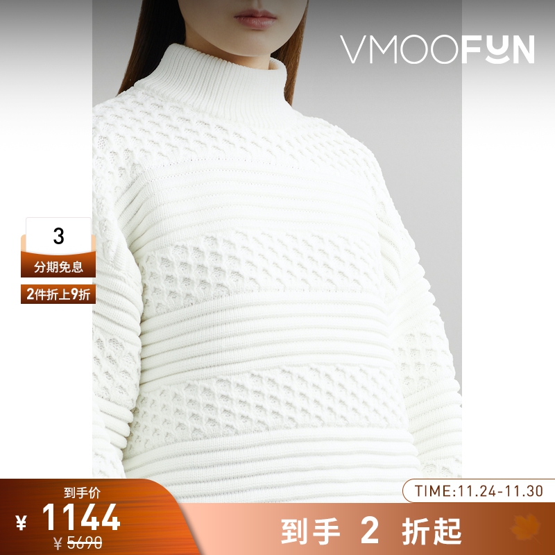 【折扣】CFCL 半高领女短款宽松白色绞花毛衣