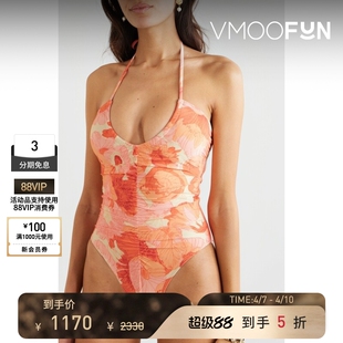 春夏女褶饰印花弹力挂脖连体泳衣 PEONY