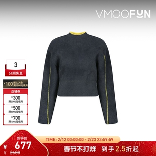 【折扣】YCH秋冬女拉绒挖剪羊毛混纺露腰设计短款针织衫