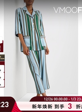 【折扣】Sleeper 女羽毛边饰条纹绉纱睡衣套装