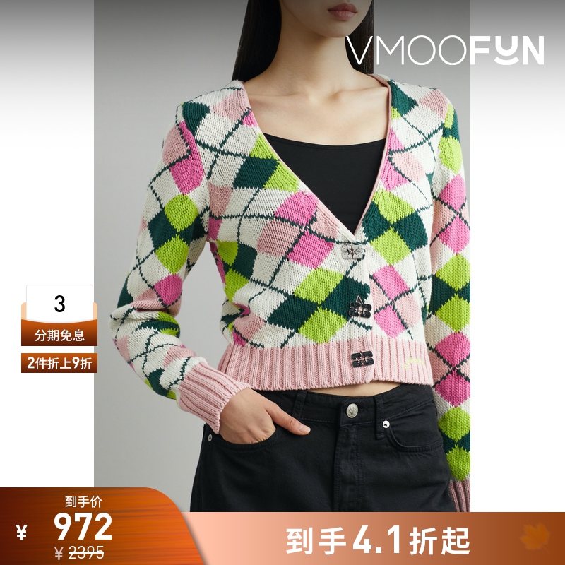 【折扣】GANNI女菱形花纹针织V领开襟衫毛衣外套