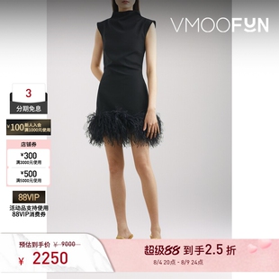 【折扣】16ARLINGTON 女羽毛边饰绉纱连衣裙小黑裙