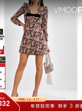 【折扣】Alessandra Rich 女印花垂坠真丝双绉长袖连衣裙