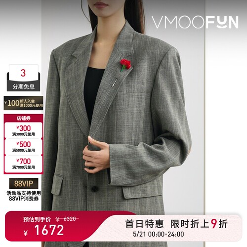 【限时折上9折】pushBUTTON秋冬女带缀饰挖剪格纹平纹布西装外套