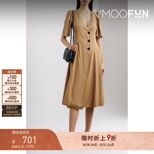 【限时折上9折】GANNI春夏女士褶饰斜纹布中长连衣裙