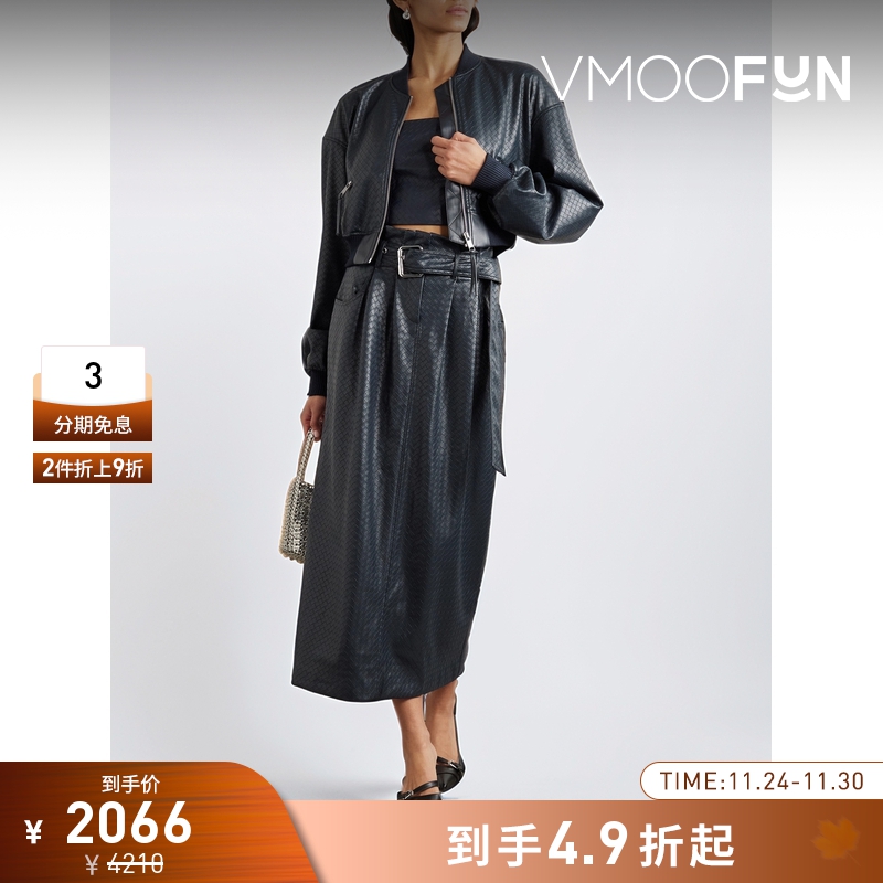 【折扣】Rotate 秋冬女编织皮革短款飞行员夹克外套