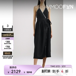 Three London春夏女毛边亚麻V领中长小黑裙连衣裙 Graces