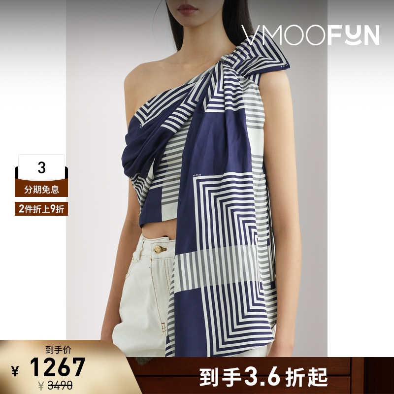 【折扣】YCH 夏季女凉感不对称单肩印花丝缎上衣