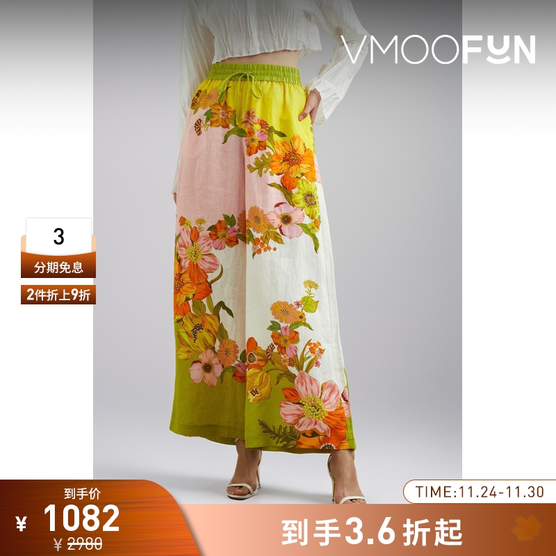 【折扣】Alemais 女士多巴胺海岛度假花卉印花亚麻阔腿裤休闲裤