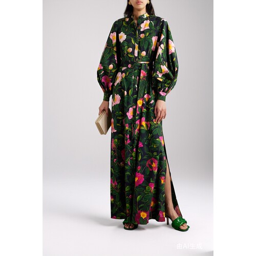 【夏季特惠】OSCAR DE LA RENTA 春女印花棉质府绸超长连衣裙