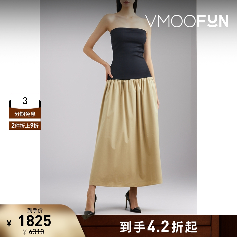 【折扣】ANNA QUAN女士抹胸棉质混纺拼接斜纹布超长连衣裙