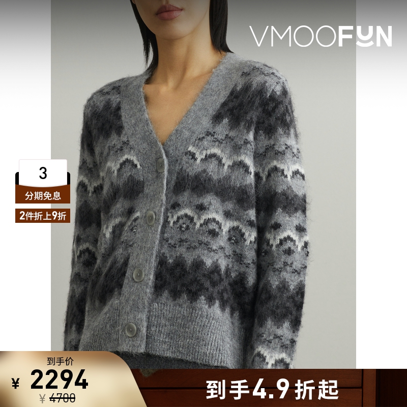 【折扣】VINCE 秋冬女费尔岛图案提花针织开襟衫