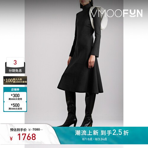 Joseph 春夏女真丝混纺高领中长小黑裙长袖连衣裙
